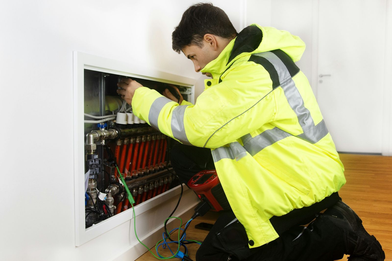 Heating technician servicing a home's underfloor heating manifold